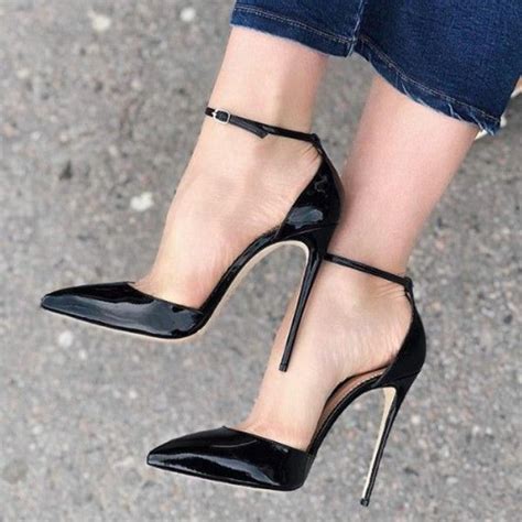 Black Patent Leather Ankle Strap Heels Pointy Toe Stiletto Heel Pumps