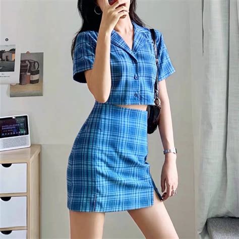 Blue Brand Melville Tumblr Korean Girl Trendy Two Piece Set Grid Plaid