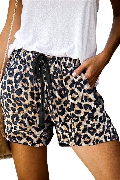 Us 1224 Leopard Print Drawstring Casual Elastic Waist Pocketed Shorts
