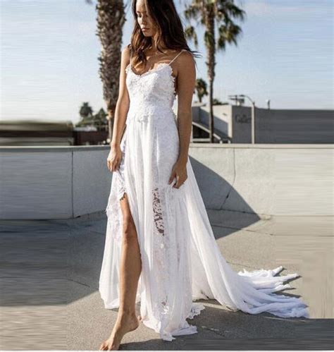 Sexy Flowing Chiffon Lace Slits Lace Boho Bridal Dress White Beach Wed Siaoryne