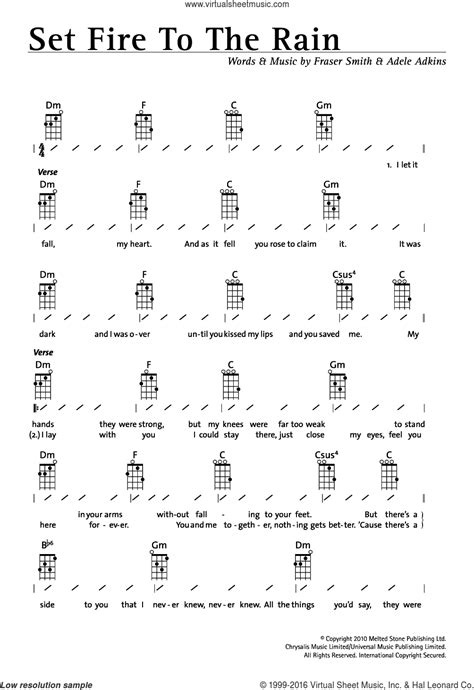 Am d woke up this morning, g c can't shake the thunder from last night am d you left with no warning. Adele - Set Fire To The Rain sheet music for ukulele (chords)