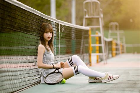 Asian Model Women Long Hair Dark Hair Sitting Knee High Socks Tennis Court Net Sneakers Tennis