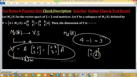 Iit Jam Linear Algebra Dimension Of Subspace Of Vector Space Mathematical Science Youtube