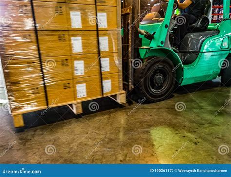 Worker Unloading Shipment Carton Boxes And Goods On Wooden Pallet By Forklift From Container