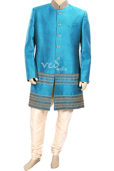 Turquoise Raw Silk Traditional Indo Western Sherwani For Men