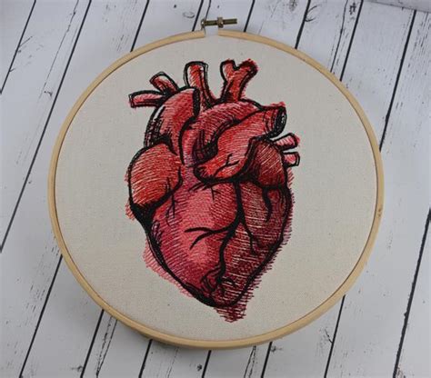 Anatomical Heart Embroidered Hoop Art Valentines Day Anniversary