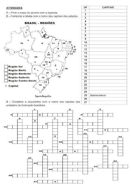 Atividade Com Mapa E Cruzadinha Brasil Capitais Suporte