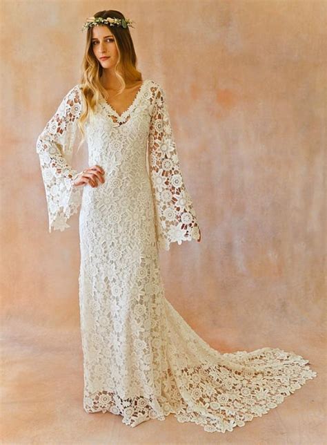 Boho Wedding Dress Bell Sleeve Simple Crochet Lace