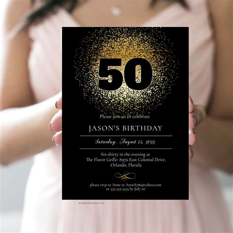 50th Birthday Invitation Template For Men Black And Gold Etsy Australia