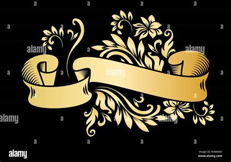 Gold Vintage Ribbon Banner With Leaves And Flowers Drawing In