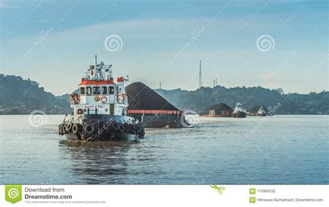 Tugboat Pull Heavy Loaded Barge Of Coal Stock Photo Image Of