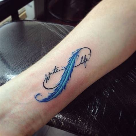 Infinity Feather Tattoo That Says Write Life On The
