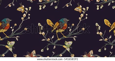 Vintage Seamless Pattern Bird Butterfly Flower Stock Vector Royalty