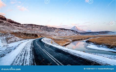 Scenery View From The Ring Road Around Iceland During Winter Stock