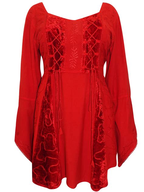 Eaonplus Red Embroidered Renaissance Gothic Corset Tunic Top Plus