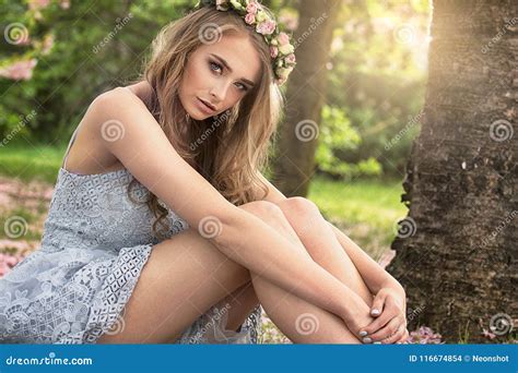 Beautiful Caucasian Blonde Woman In Garden Stock Photo Image Of