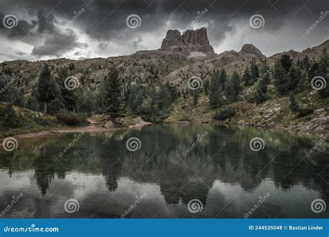 Lake Lago Limides At Passo Di Falzarego In The Dolomite Alps With Trees