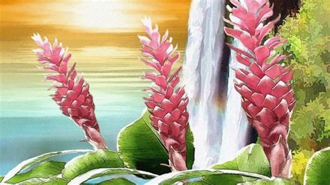 Red Ginger Flower With Waterfall Sunset Oahu Hawaii Art On