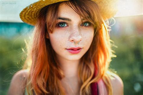 Wallpaper Face Women Redhead Model Nose Rings Long Hair Hat
