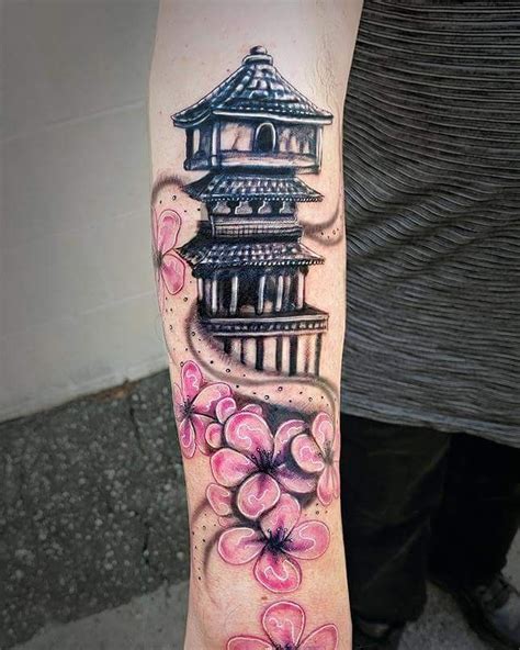 Cherry Blossom Chinese Temple Tattoo Designs