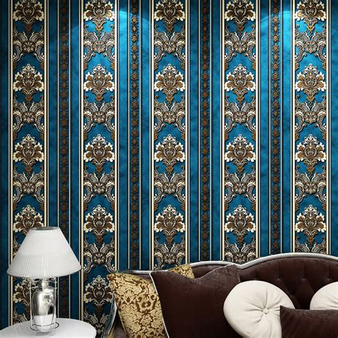 European Luxury Blue Gold Damascus Non Woven Wallpaper Tv Background