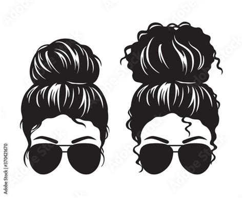 Vector illustration of straight and curly hair woman with messy buns