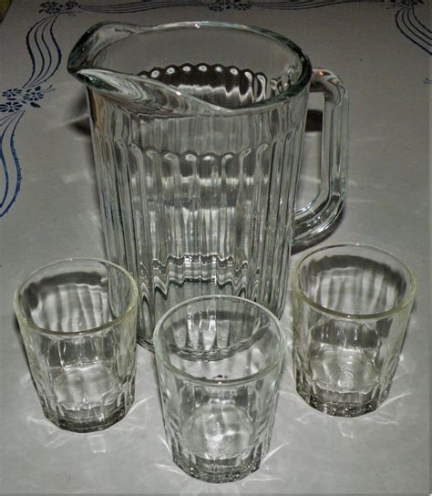 Vintage Heavy Crisa Glass Paneled Pitcher And 3 Duralex France Glass Tumblers Glass Tumbler Bar