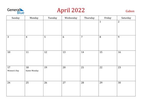 April 2022 Calendar Gabon