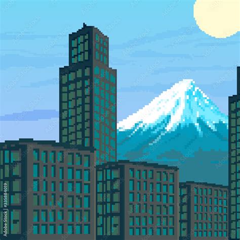Pixel City With Mountain And Sunset Pixel Art 8 Bit For Game Stock