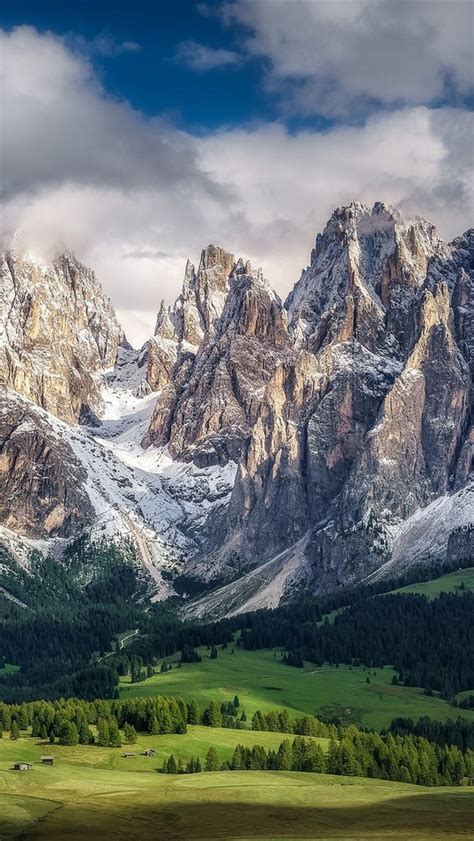 イタリア、ドロミテ、山、木々、雪、家、雪 640x1136 Iphone 55s5cse 壁紙、背景、画像