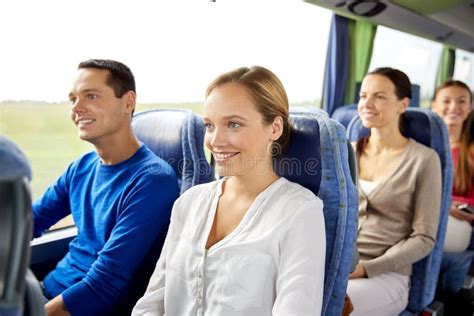 Group Of Happy Passengers In Travel Bus Stock Photo Image Of Motor