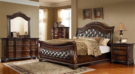 Buy Mcferran B9588 Queen Sleigh Bedroom Set 5 Pcs In Oak Veneers Dark Cherry Finish Leather Online