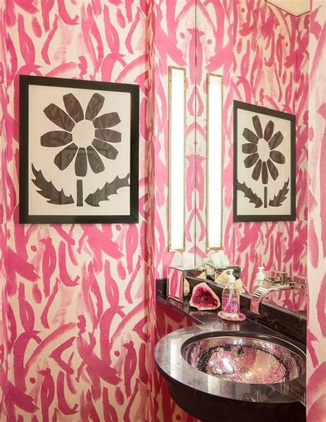 Stunning Pink Powder Room Is Clad In Pink Brush Strokes Wallpaper