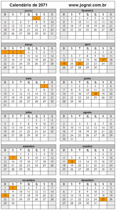 Calendário Do Ano 2071 Para Imprimir Em Formato Pdf E Imagem