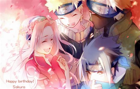 Wallpaper Team Naruto Friends Wreath Smile Ninja Pink Hair Sasuke