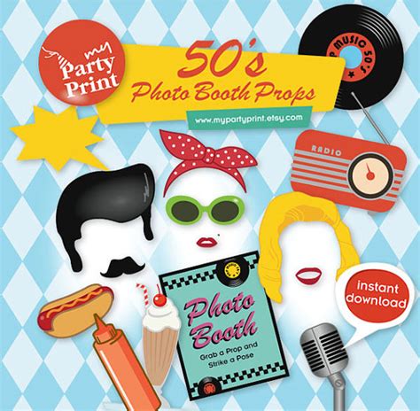 50s Party Printables Photo Booth Props With Digital Mustache Lips Comb