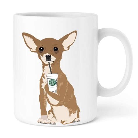 A White Coffee Mug With A Brown Chihuahua Holding A Starbucks Cup