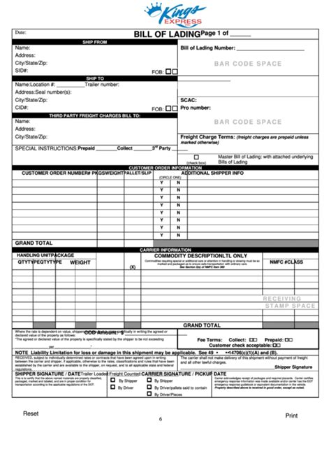 fillable bill  lading form fillable printable