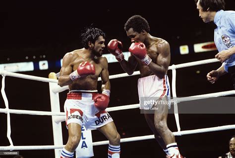 Roberto Duran In Action Vs Sugar Ray Leonard During Fight At Olympic