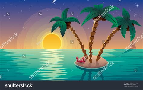 Cartoon Landscape Small Tropical Island Sunset Stock Vector Royalty