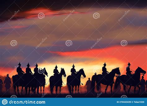 A Group Of People Riding On The Backs Of Horses At Sunset Stock