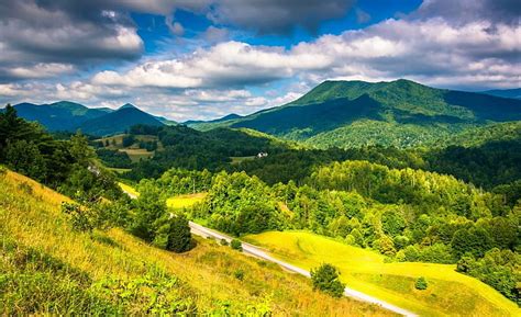 Hd Wallpaper Landscape Hills Trees Mountains Green Sky Clouds