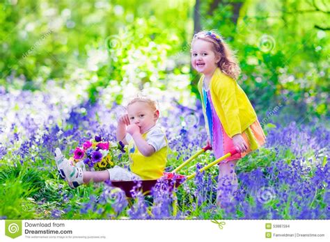 Kids In A Garden With Bluebell Flowers Stock Photo Image