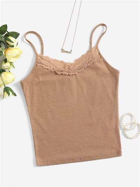 Lace Trim Rib Knit Cami Top