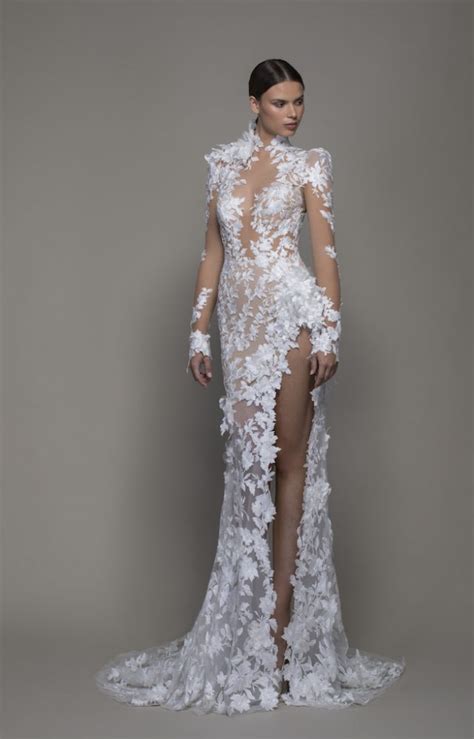 long sleeved high neck illusion lace sheath wedding dress with slit kleinfeld bridal