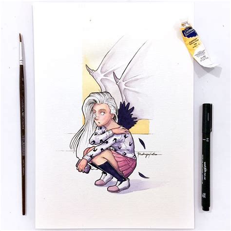 Winged Girl Garota Asas Manga Anime Illustration Ilustra O Artwork