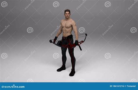 3d Render A Shirtless Young Male Archer Pose Practicing Archery In