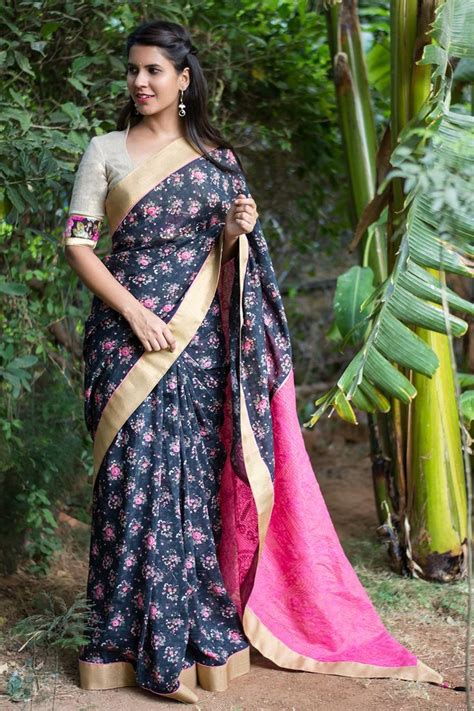 Floral Printed Black Chanderi Cotton Saree With Gold Tissue Border And