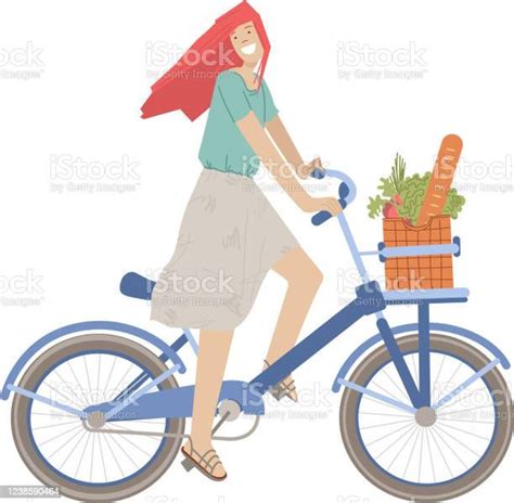 Cute Girl Ride A City Bike With Product Basket Full Of Bread Greenery