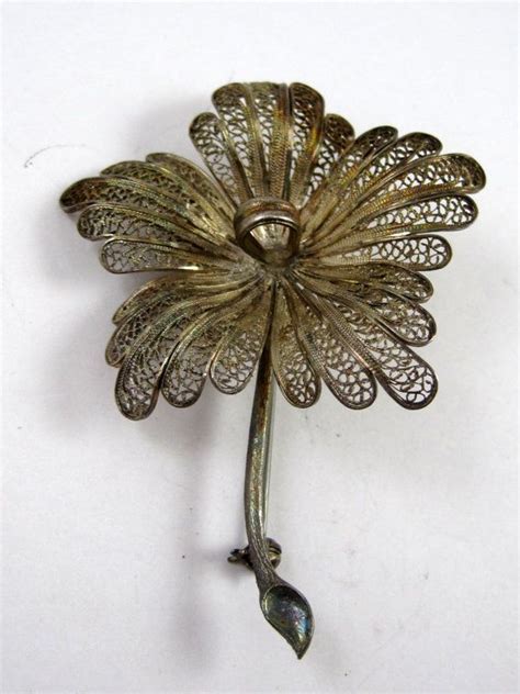 Ladies 925 Sterling Silver Flower Filigree Brooch Pin Vintage Rare